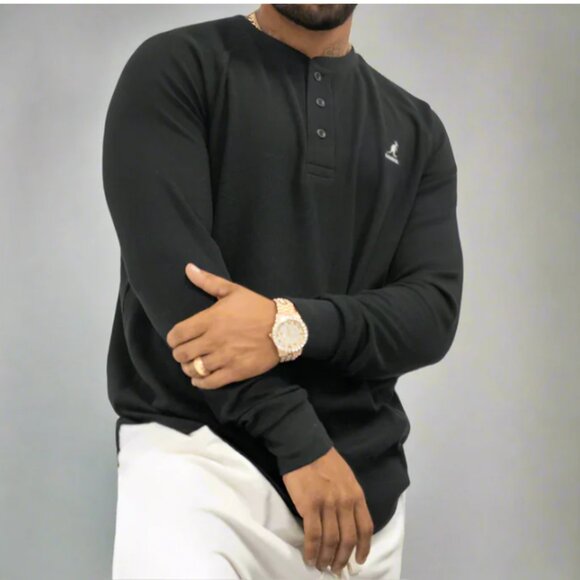 Kangol Henley Waffle Knit Shirt Mens XL Black Cotton Thermal Long Sleeve - Picture 1 of 6